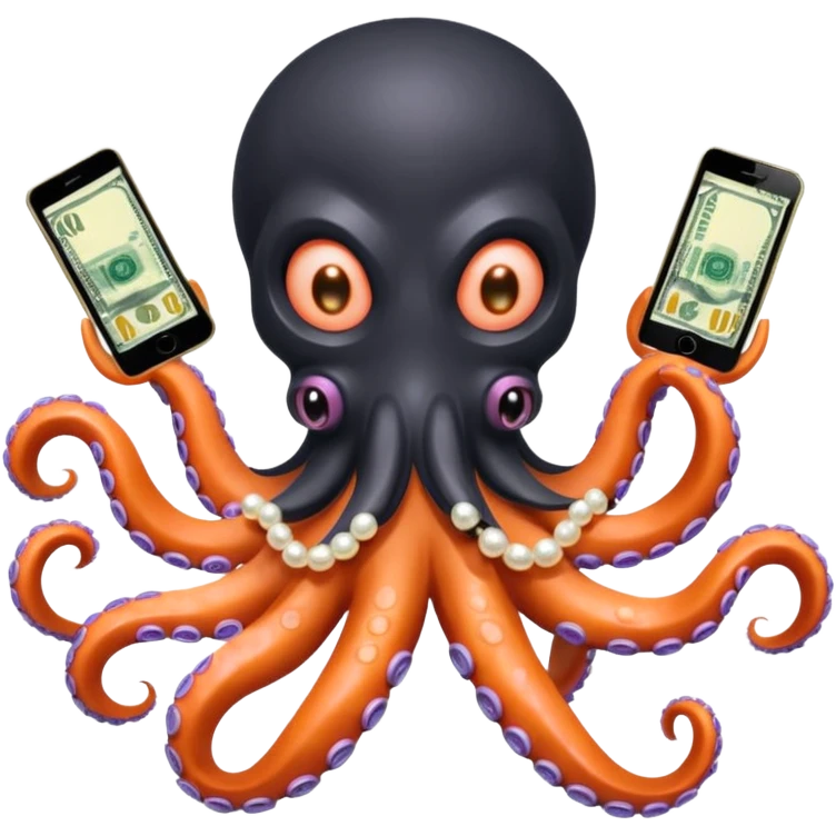 Intimidating octopus with pearl black skin, neon peach colored suction cups. Violent looking octopus is wearing a white balaclava and thick shiny gold necklace. 2 tentacles are holding their own cellphone, 2 more tentacles are holding stacks of money. emoji