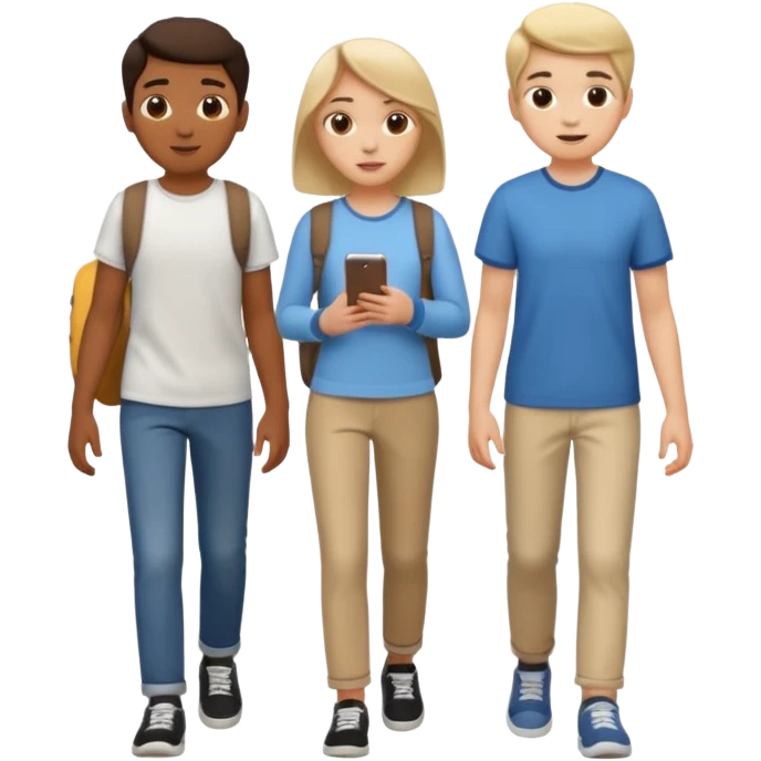 iOS emoji style. 2 friends and a teenager walking and talking.  emoji