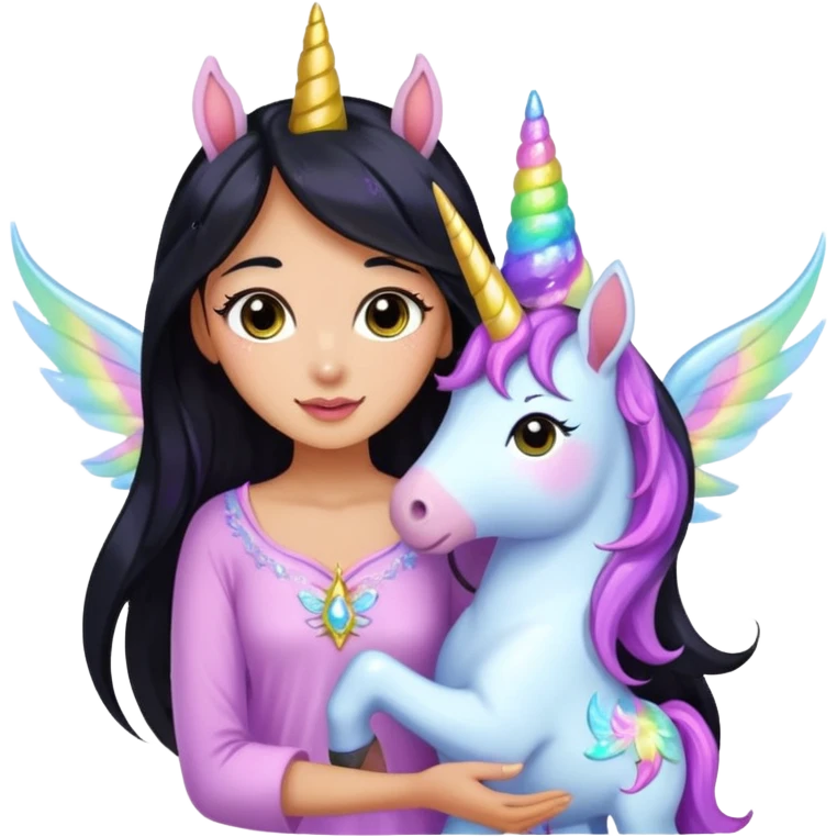 Earthreal sparkly angelic mystical magical shiny pretty Fairy. Dark Brown eyes. Caramel skin. Long black hair. White, hot pink and light blue and lavender and light green and light yellow fairy wings. Pet unicorn  emoji