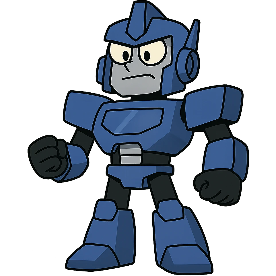 simple cartoon transformer robot in royal blue, black, silver, animated look emoji