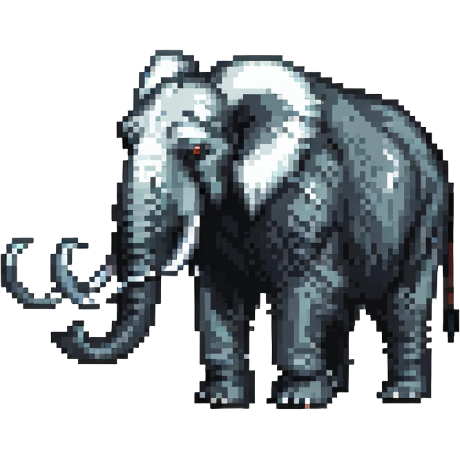 bionic mammoth with black fur and white tusks, pixel art style emoji