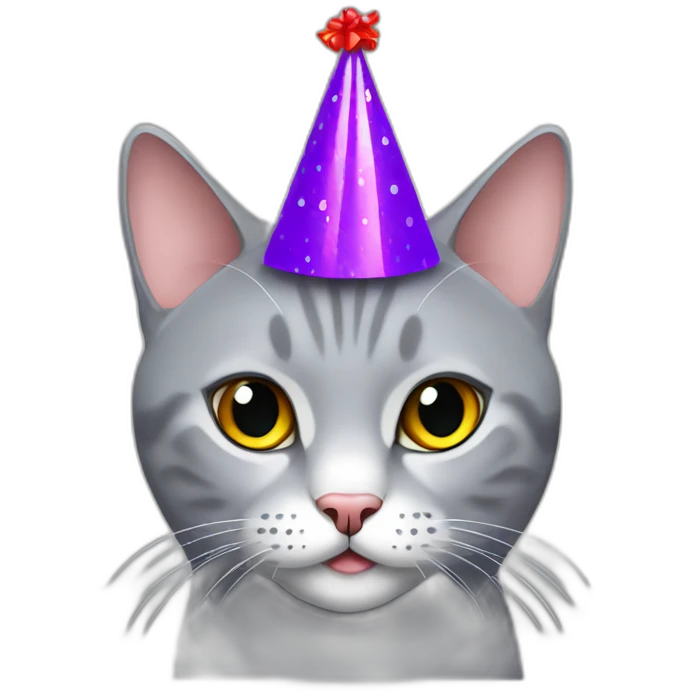 Grey British short hair cat wearing a party hat emoji