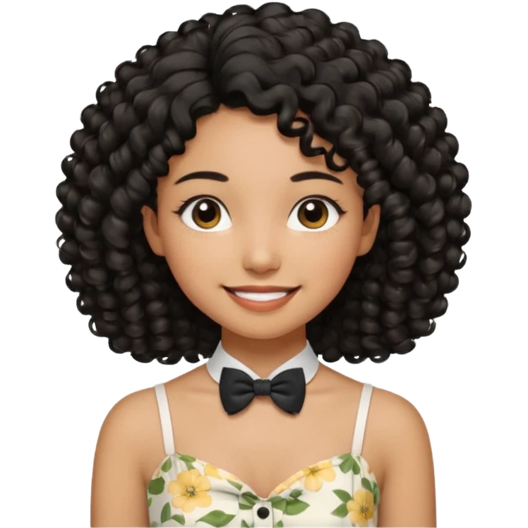 A young woman. She has voluminous, curly black hair that frames her face beautifully. Her skin tone is light Brown and glowing, and she has a subtle, natural makeup look. She’s smiling softly at the camera. She is wearing a white floral top with thin straps and a small bow tie detail in the front. emoji