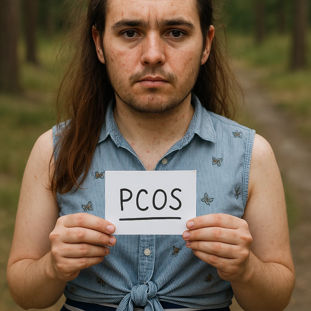 Realistic woman with PCOS inspired by the reference photo, face with acne and facial hair, thin hair, serious expression, similar clothing, natural environment, hyperrealistic 4K details. emoji