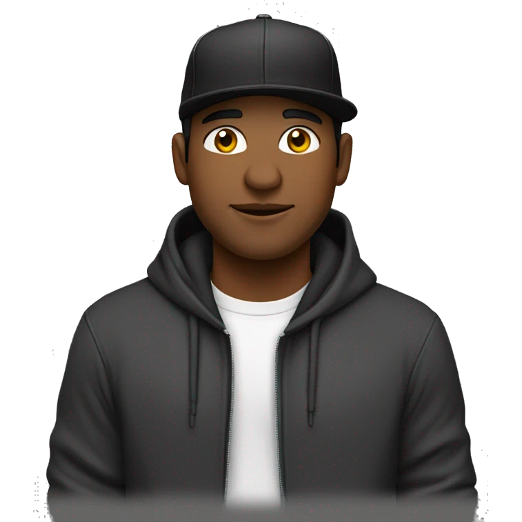 Un chico con sudadera negra, cabello largo y gorra negra emoji