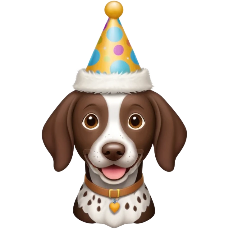 German shorthair pointer wearing a birthday hat emoji