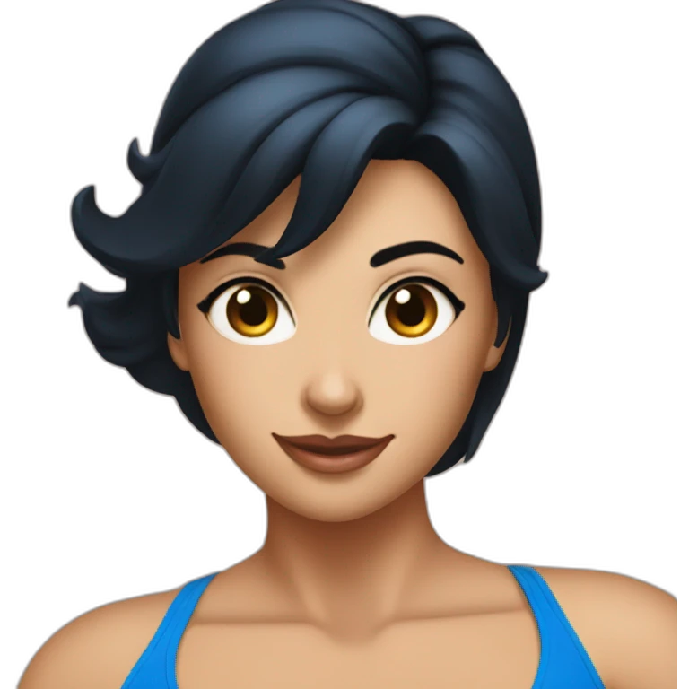 40 year old pretty woman with black hair in a blue bikini at a fitness competition  emoji