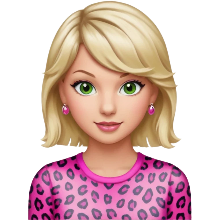 Green eyed smiling Taylor Swift wearing a pink leopard print outfit with hair that is half blonde and half pink emoji