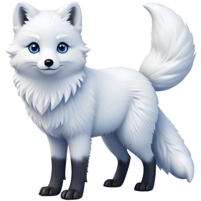 cinematic-arctic-fox-realistic-full-body-standing-emoji,-fluffy-tail-curled-slightly-around-its-paws,-thick-pure-white-fur-blending-into-the-snowy-landscape,-head-tilted-dramatically,-bright-blue-eyes-glistening-with-intelligence,-simplified-yet-realistic-focused-features,-highly-detailed,-glowing-with-an-almost-sarcastic-glow expressive eyes emoji