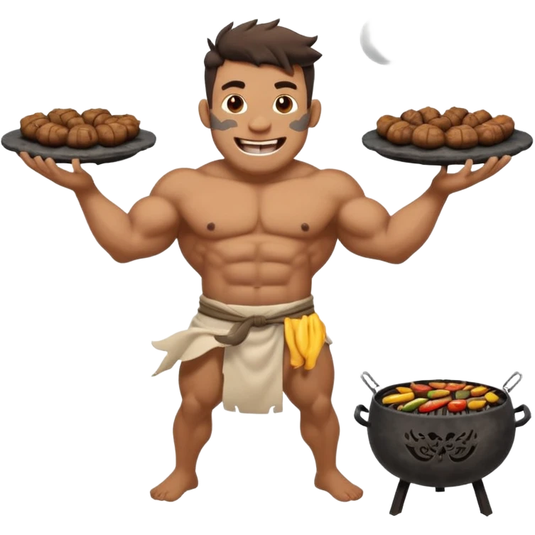 ork male master chef flipping huge kebabs on stone barbecue, muscular, loincloth or shorts, big tusked grin, smoke, centered emoji emoji