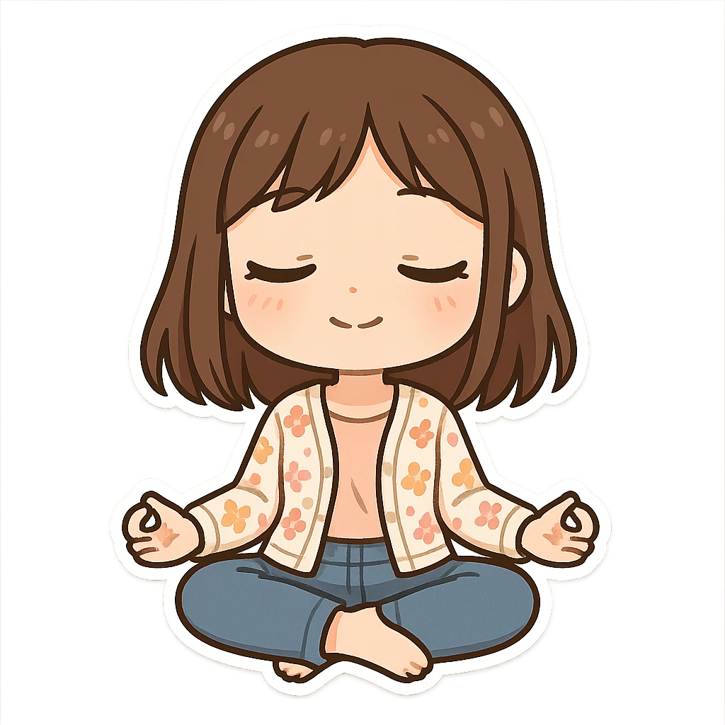 chibi sticker of a girl with brown straight hair and brown eyes, wearing a pastel floral cardigan and jeans, doing yoga in lotus pose, white outline, transparent background, 512x512px emoji