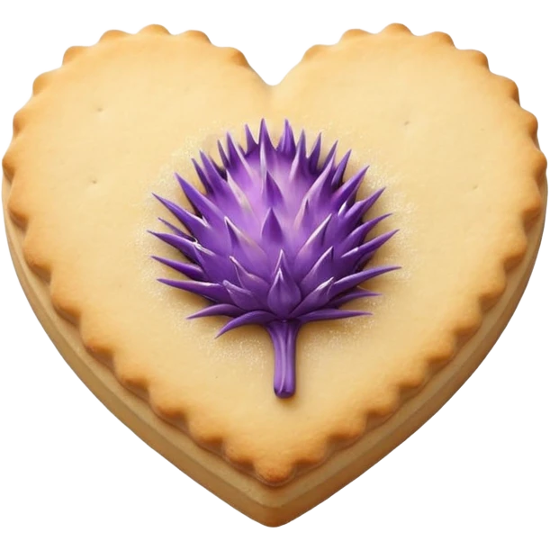 Realistic shortbread cookie in the shape of a heart with Thistle jelly middle filling and sprinkled powder sugar on top. emoji