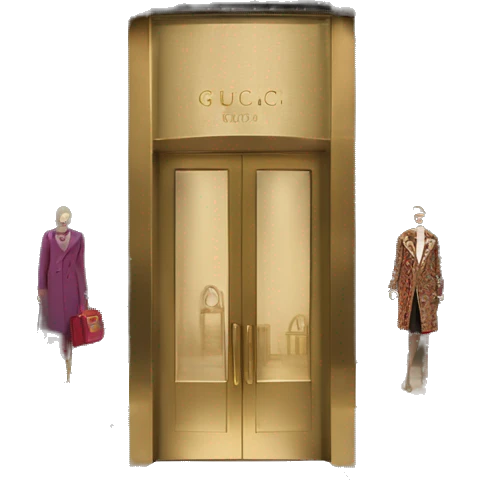 “Gucci store exterior with gold logo above entrance, large glass windows displaying luxury fashion, and elegant double doors.” emoji