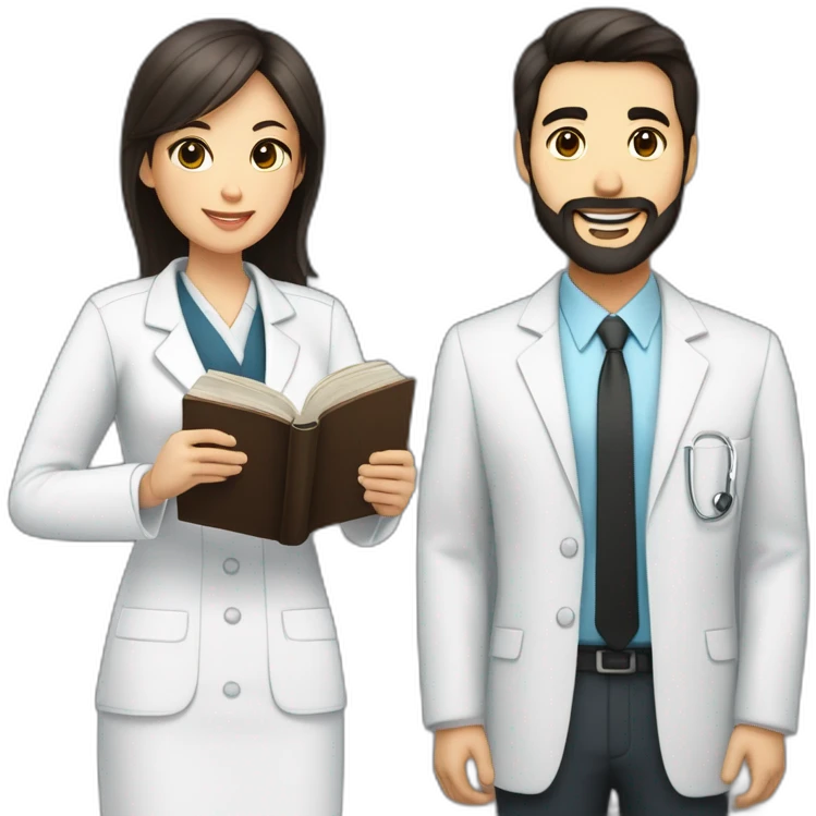 husband american man with dark brown hair and trimmed beard wearing a business suit holding a bible, wife to woman asian middle age with black shoulder length hair wearing a nurse uniform emoji