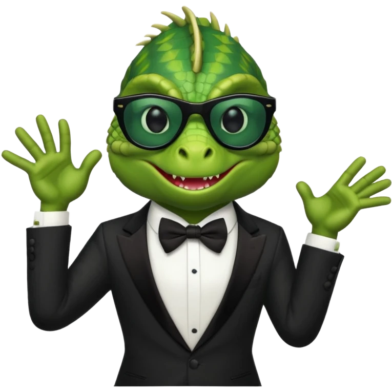 capitalist iguana banker in tuxedo and black sunglasses dancing emoji