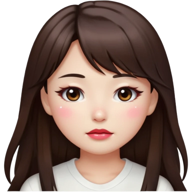 “japanese style Emoji brunette girl long hair with side bangs white top, dewy skin, heavy blush across cheeks and nose bridge, glossy cherry lips, soft eyeliner, teary sparkling eyes emoji