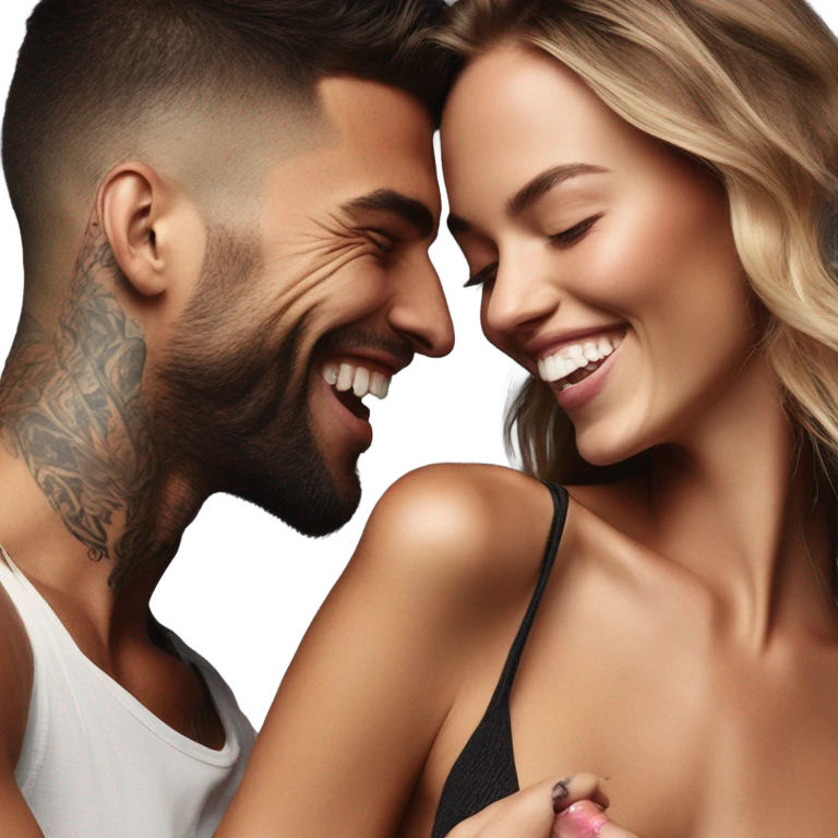 Photo of Victoria secret model laughing with a tattooed male model  emoji