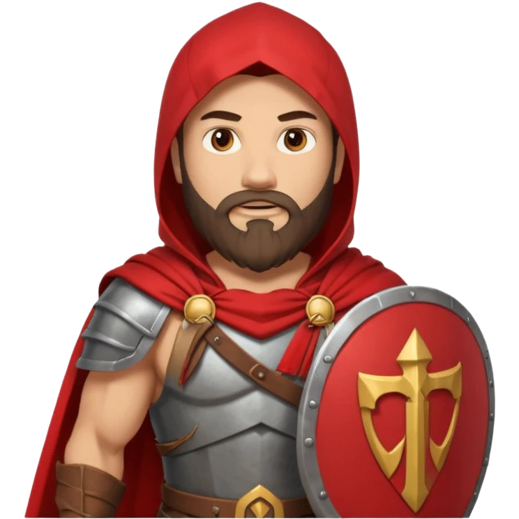 An emoji portrait of a Spartan warrior. He has a determined expression and a beard. He wears a red cloak and holds a shield with a lambda symbol. emoji