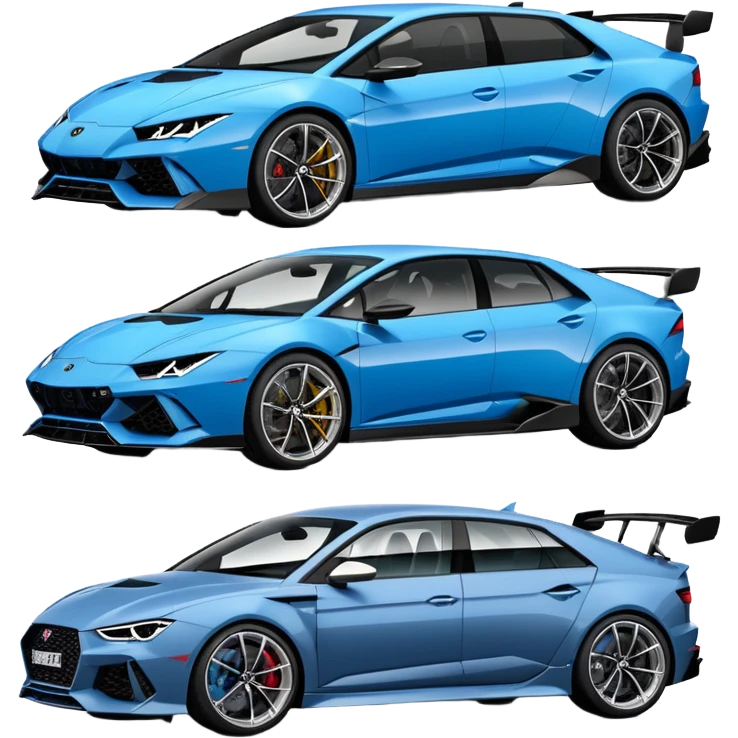 three cars lineup fromt profile forming a semi circle with a lamboghini svj an bmw m140i and a audi rs6 emoji