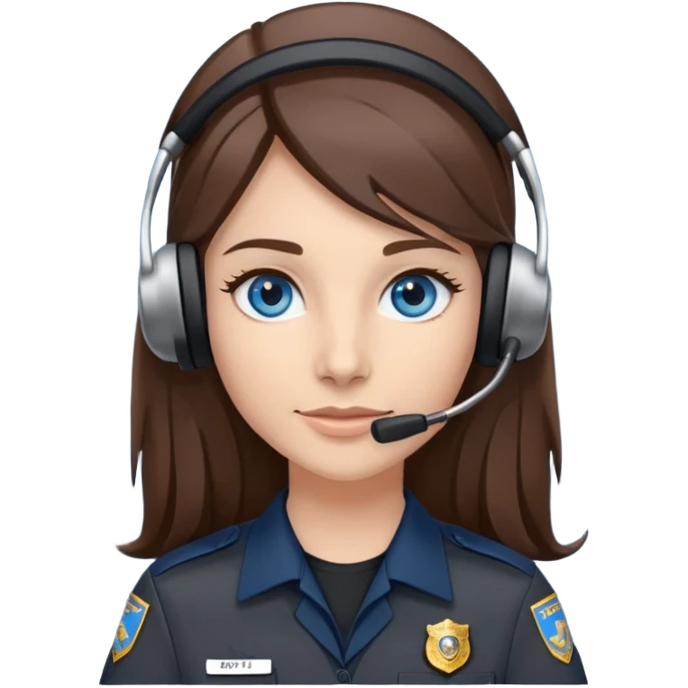 911 dispatcher dark gray uniform, blue eyes, long brown hair, head set emoji