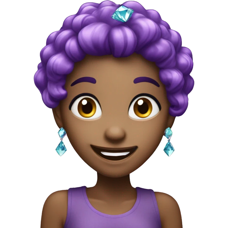 one girl with purple diamond hair made from purple crystals or diamonds or jewels, she is feeling happy and elated and excited emoji