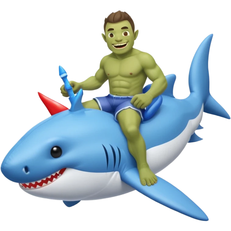 An orc man on an inflatable circle in the form of a shark emoji