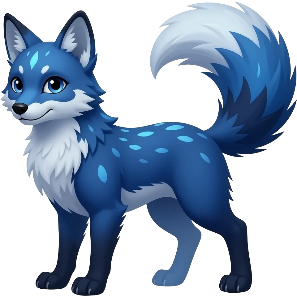Feral Rare Fantasy vibrant dark shady shaded detailed deep-dark-cobalt-blue-gradients-colored colorful Vernid-Sergal-Fox-Genet-Trico-species by LiLaiRa, random markings, tufted tail, tufted ears, full body emoji