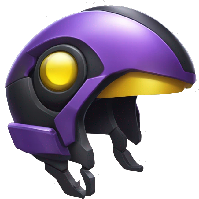 a shiny black-purple-yellow Genesect-Raptor-Fakémon—hybrid with a futuristic visor-helmet full bod emoji