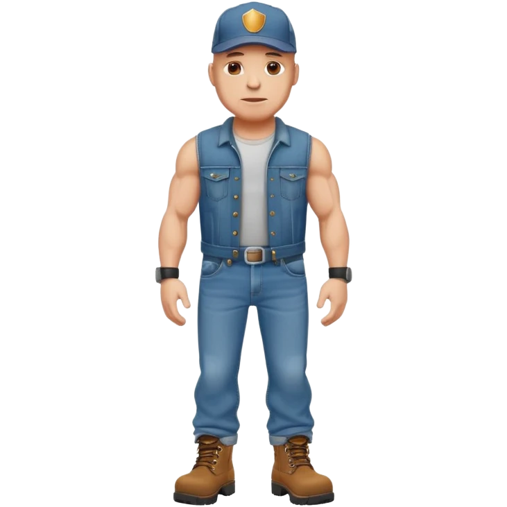 Full body muscle bound bald man in a trucker hat and denim jeans with work boots emoji