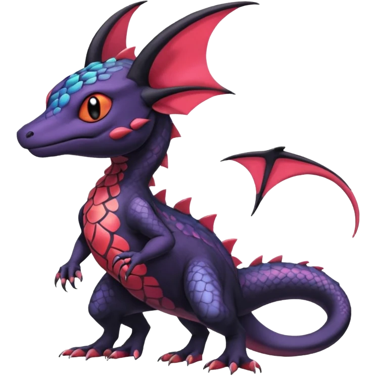 Rare exotic cute epic aesthetic Salandit-Noibat-species-Fakemon-hybrid-creature, with markings, full body emoji