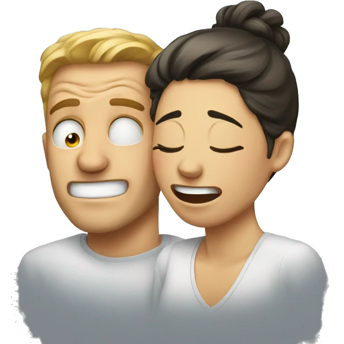 White man crying with woman laughing emoji