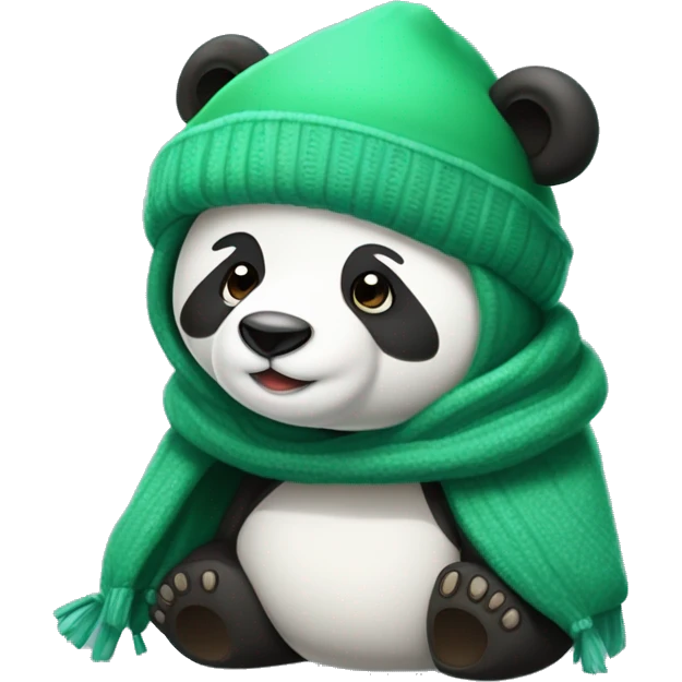 Un osos panda tapado con una manta verde y con gorro de invierno emoji