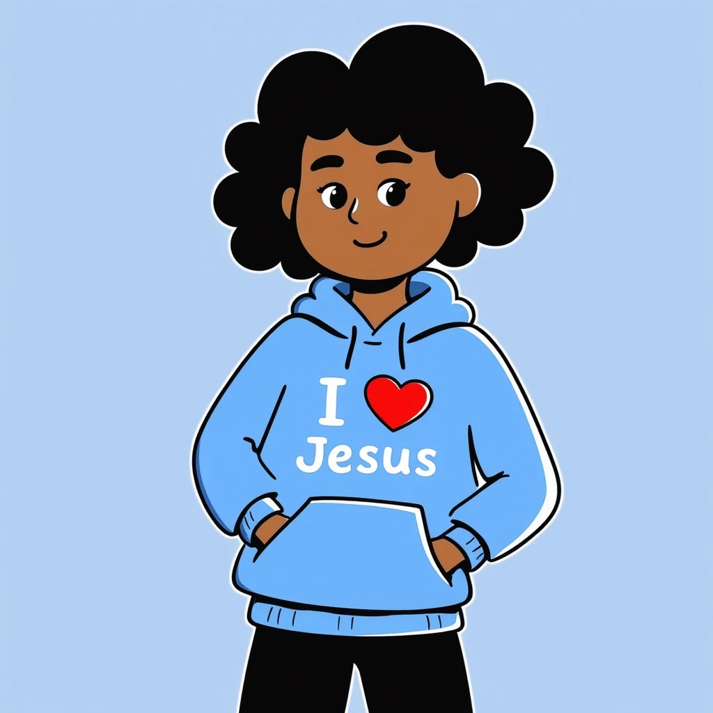 dark skin girl with dark brown short curly hair, blue hoodie, 'I heart Jesus' text visible emoji