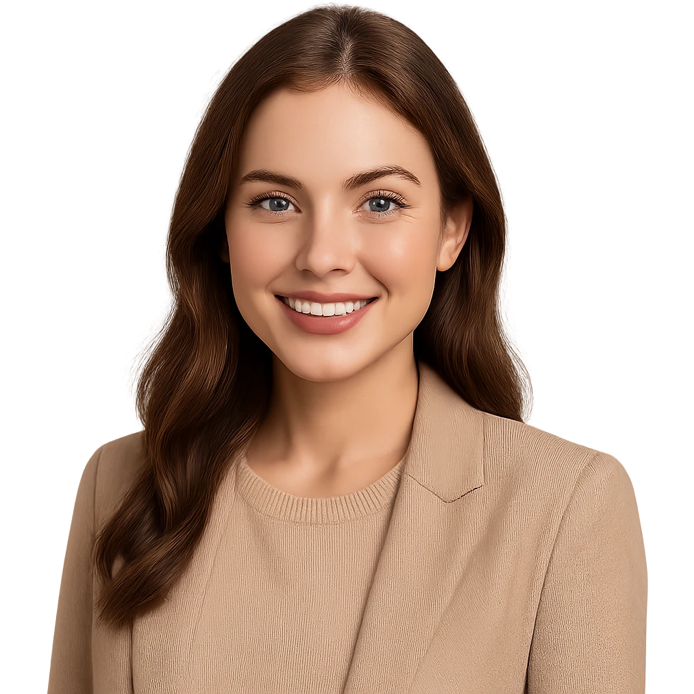 girl with clear skin, bright eyes, healthy hair, confident smile, soft makeup, coordinated outfit, gentle background emoji