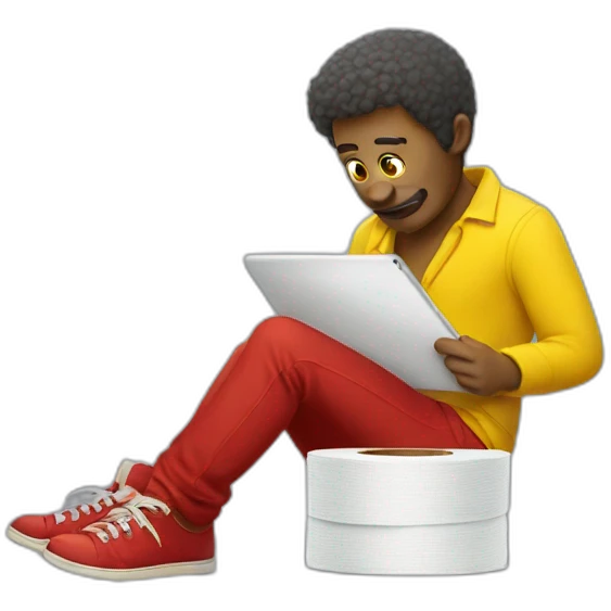 yellow man wearing red shoes with toilet paper and an ipad emoji