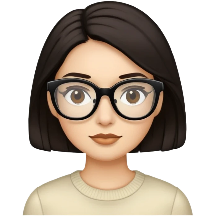 Very dark brown hair, black glasses, pretty, warm ivory skin tone, she wears a hair clip emoji