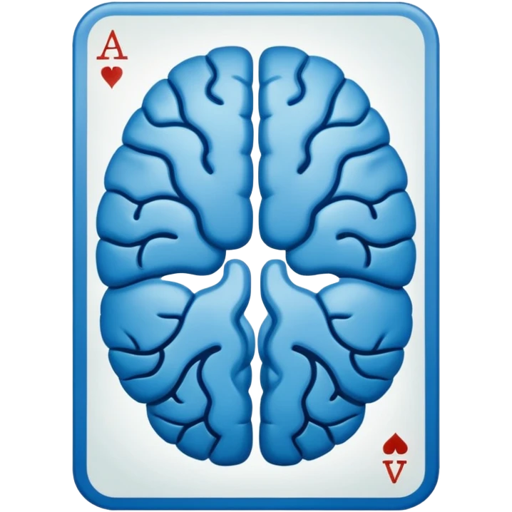 A highly minimalist, clean icon. The icon is a single playing card or tarot card, shown from the back side (face down). The card is oriented vertically (portrait). integrate a stylized, symmetrical human brain. Blue color emoji