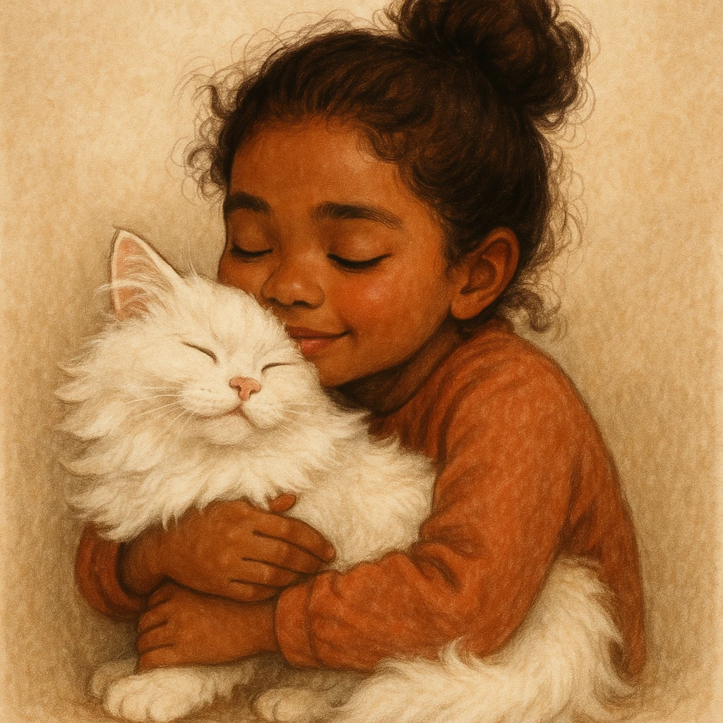 brown girl snuggling fluffy white cat, style 7 emoji