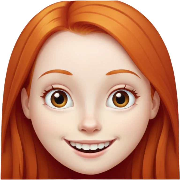 traditional emoji of young girl with very pale skin, long straight bright ginger red hair, very big wide human eyes positioned close together, wide nose, big smile with extremely large prominent teeth showing, classic round face emoji