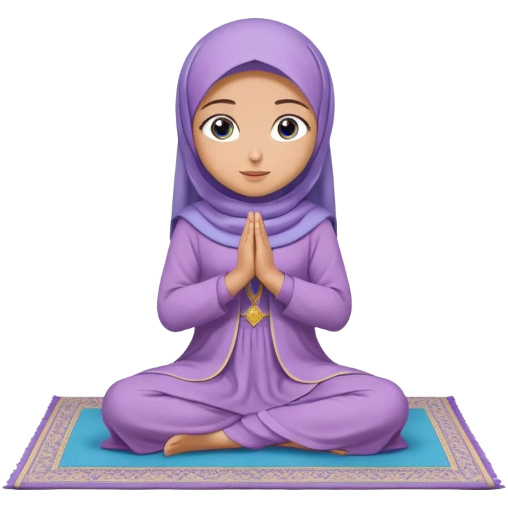Turkish beautiful finish Konya muslim girl blue eyes with light purple color flower hijab long tail dress and sits on the pray mat namaz on the ground with dua  emoji