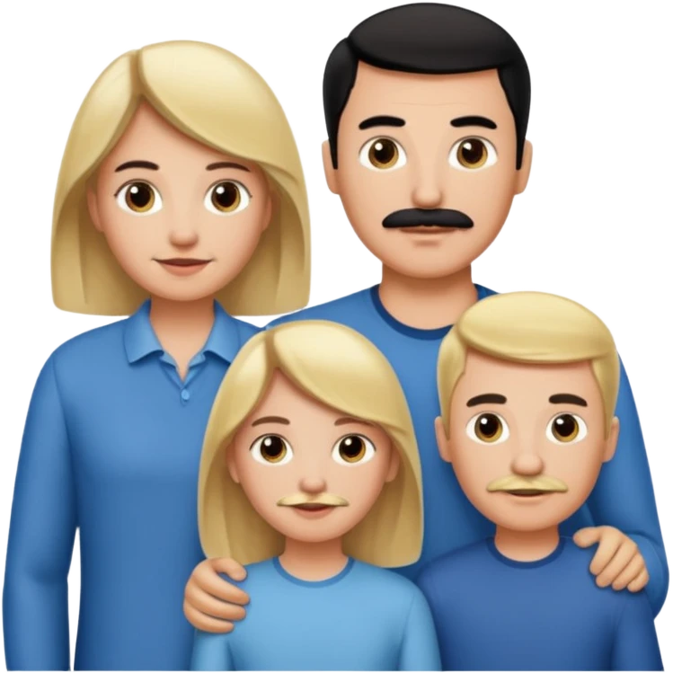 Family of 5. Mom, dad, 2 boys, one girl. Kids have blonde hair. Mom has light brown hair. Dad has black hair with mustache. emoji