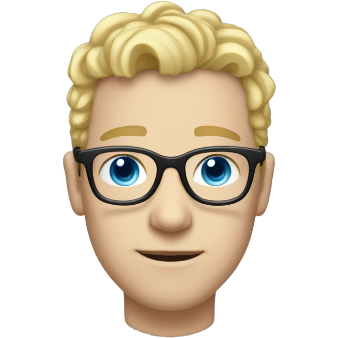 Man with short curly blonde hair and light blue eyes and pale skin and thick black glasses emoji