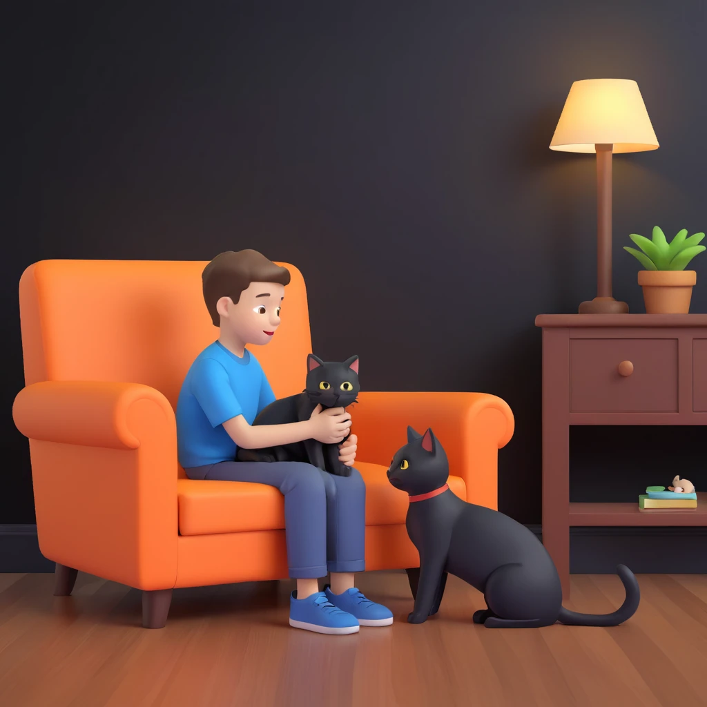 boy and cat pet, living room background emoji