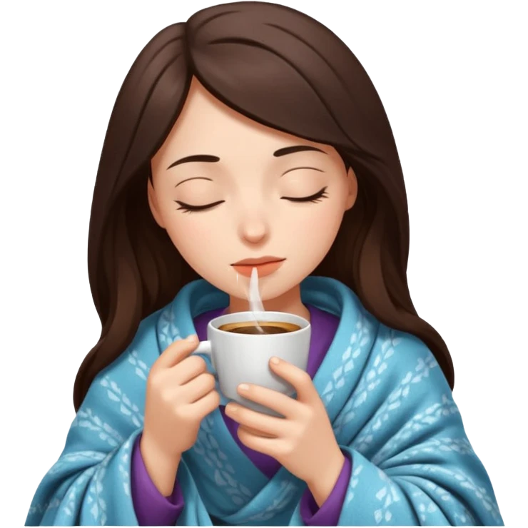 brunette girl under a blanket, drinking coffee, eyes closed emoji