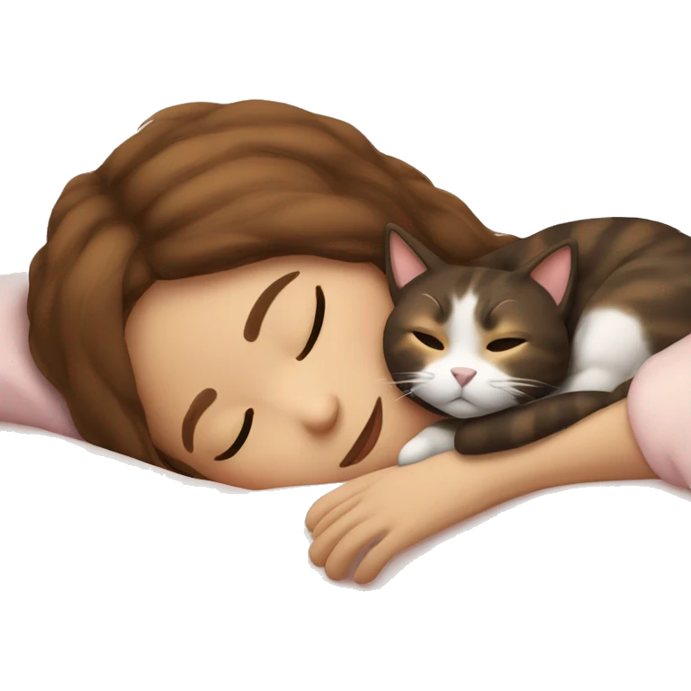 sleeping girl brown hair laying next to Calico cat emoji