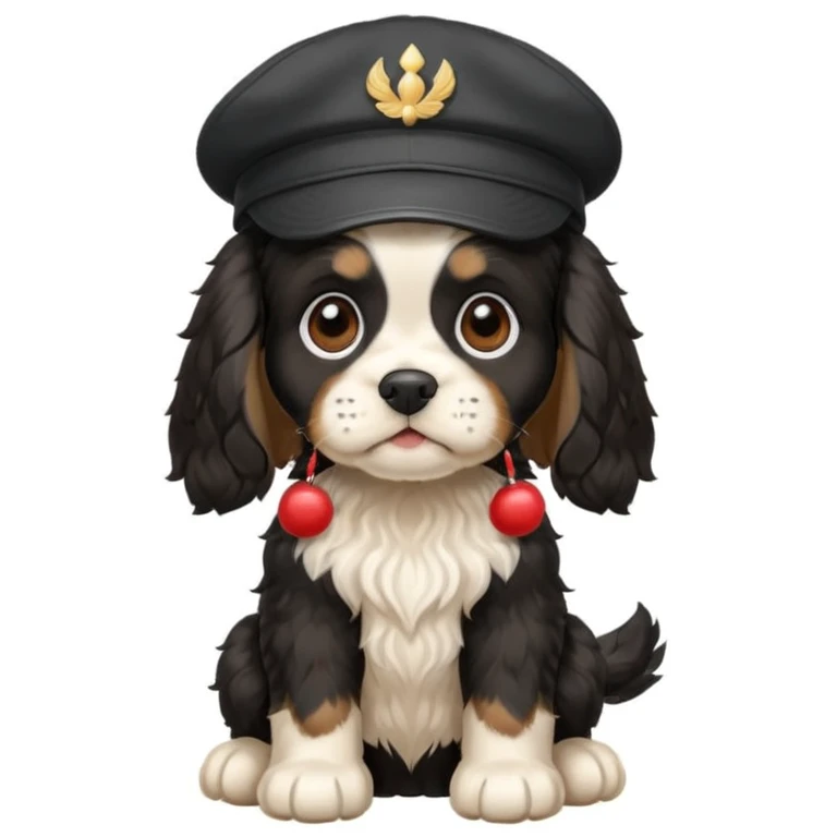 A black and white Russian Cocker Spaniel puppy wearing a cap, sitting emoji