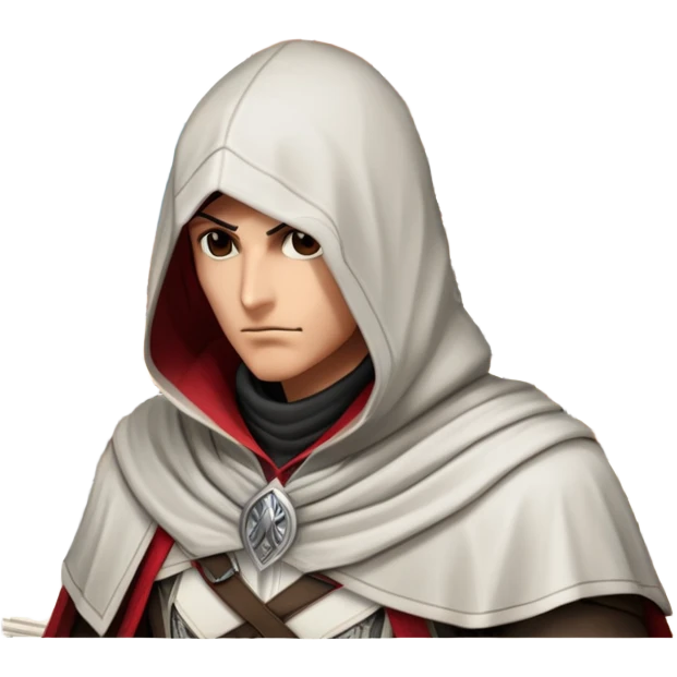 icon featuring Assasin's Creed in an iconic assassin's hood, standing tall against the backdrop of Florence. The design captures the essence of adventure, with intricate details of historical architecture and a sense of mystery. The character is poised, ready for action. transparent background. emoji
