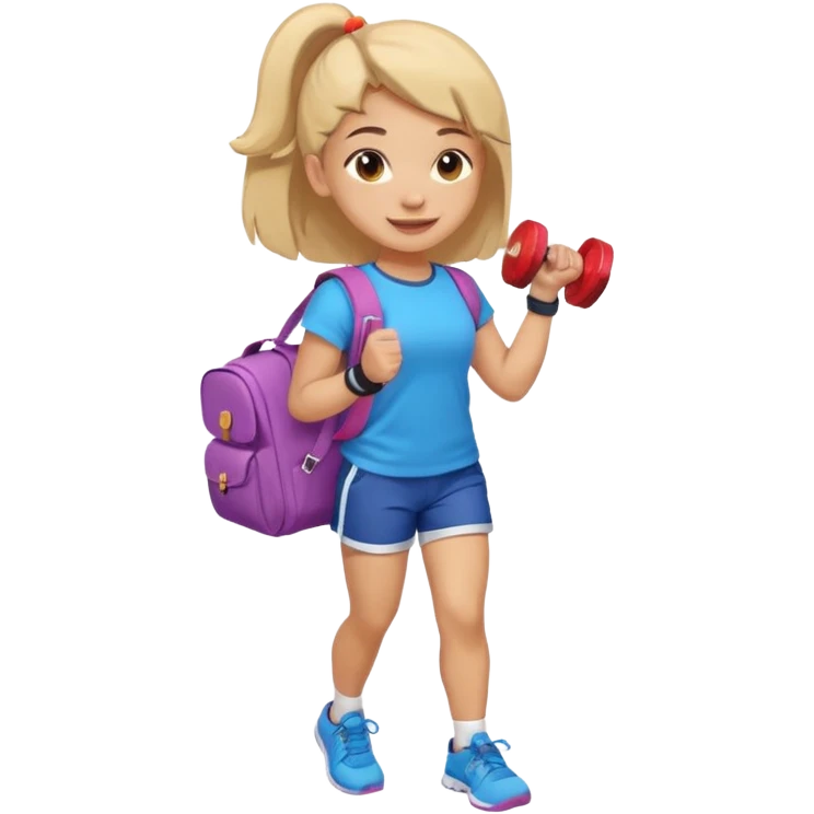 light skin student girl with school bag on back and dumbell in hand emoji