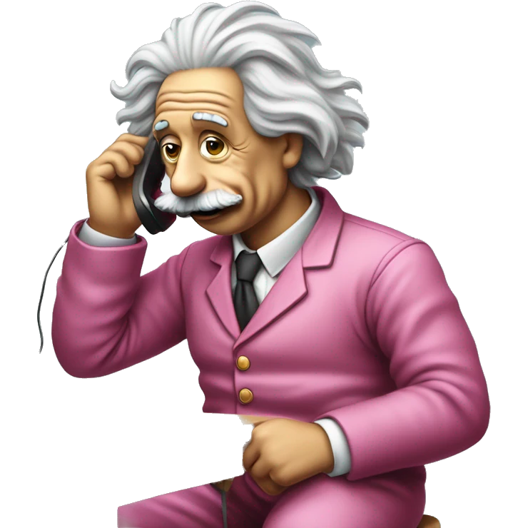 Albert Einstein in simpson style dressed as camrom pink outfit making a phone call on a flip phon  emoji