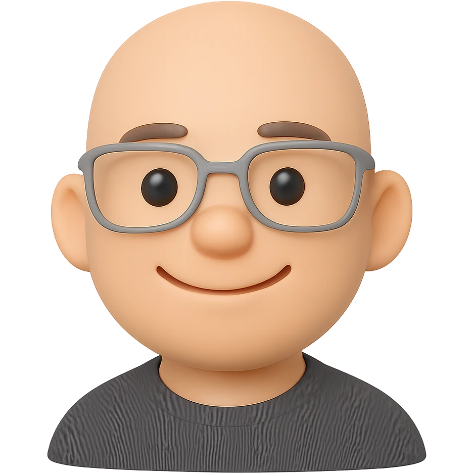 Create a 3D emoji-style portrait of the person in the foreground wearing glasses and a grey sweater, with a friendly expression. Focus on the face and upper shoulders. The style should resemble Microsoft 3D Fluent emoji. Transparent background. emoji